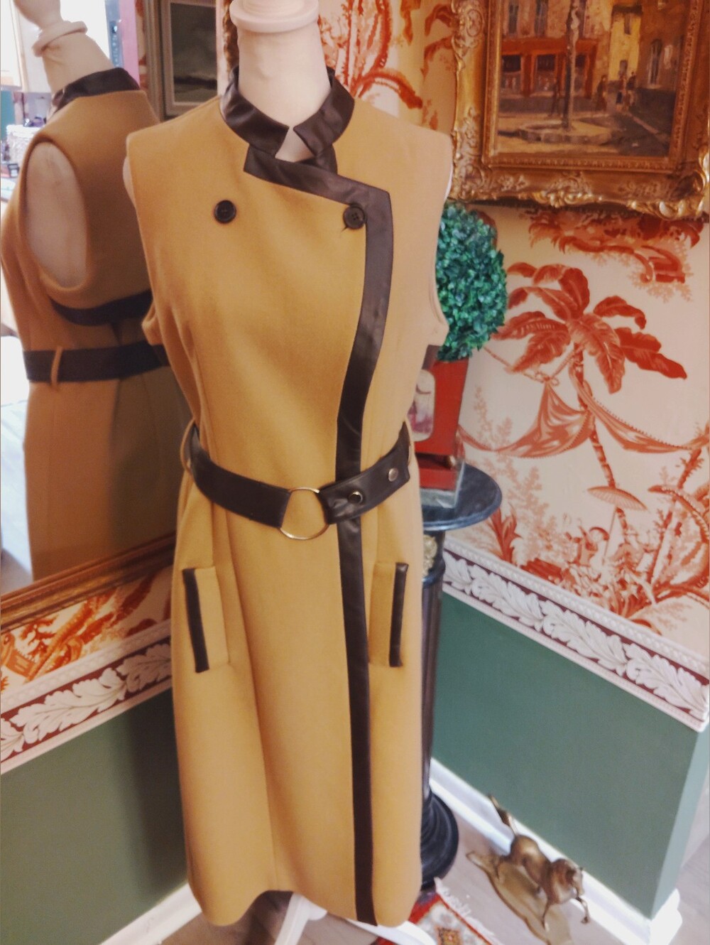 $598 New Karen Millen Camel  Faux Leather Long Vest Sleeveless Trench Wool Sz 10 - Picture 5 of 6